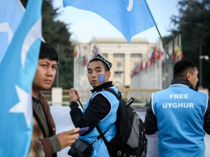 Uyghurs people demonstrate against China outside of the United Nations (UN) offices during the Universal Periodic Review of China by the UN Human Rights Council, on November 6, 2018 in Geneva. - China's mass detainment of ethnic Uighurs and its crackdown on civil liberties likely figures high on the agenda …
