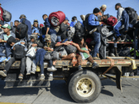 caravan TOPSHOT - Central American migrants -mostly honduran- taking part in a caravan to the US, are pictured on board a truck heading to Irapuato in the state of Guanajuato on November 11, 2018 after spending the night in Queretaro in central Mexico. - The United States embarked Friday on a …