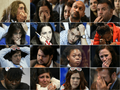 This combination of pictures created on November 09, 2016 shows supporters of Democratic presidential candidate Hillary Clinton reacting November 08, 2016 to early election results in various cities across the United States. Donald Trump has stunned America and the world, riding a wave of populist resentment to defeat Hillary Clinton …