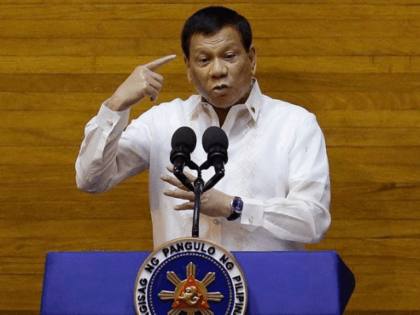 President Rodrigo Duterte gestures during his second state of the nation address at the House of Representatives in suburban Quezon City, north of Manila, Philippines, Monday July 24, 2017.