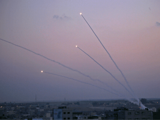 A picture taken from the Gaza Strip on November 12, 2018 shows missiles being launched toward Israel. - A number of rockets were launched from the Gaza Strip toward Israel today, AFP journalists said, while Israel's army said an Israeli bus was hit by fire from the Palestinian enclave. (Photo …