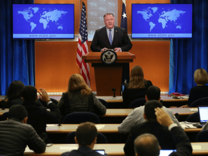 NOVEMBER 20: U.S. Secretary of State Mike Pompeo speaks to the media in the briefing room at the Department of State, on November 20, 2018 in Washington, DC. Pompeo met with Turkish Foreign Minister Meylut Cavusglu after President Trump released a statement signaling that the United States will stand by …