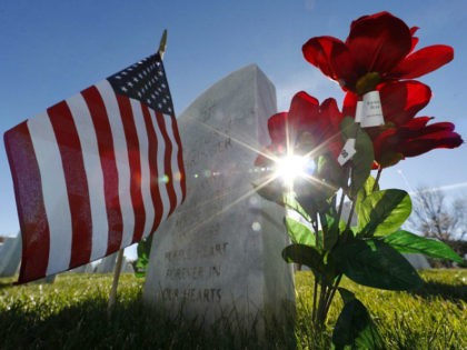 Sun glints through the artificial flowers set next to the gravestone to mark Veterans Day