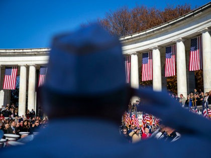 ARLINGTON, VA - NOVEMBER 11: A veteran salutes as the Honor Guard arrives during a Veterans Day ceremony at Arlington National Cemetery, on November 11, 2018 in Arlington, Virginia. (Photo by Al Drago/Getty Images)