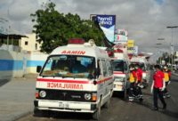 Somali ambulances carrying severely injured patients from a 2017 bomb blast in Mogadishu wait for access to the airport, where military planes are set to fly the wounded to Turkey for treatment