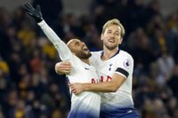 Tottenham's Lucas Moura celebrates with Harry Kane during their 3-2 win at Wolves