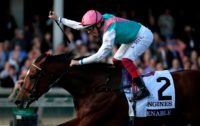 Frankie Dettori celebrates as Enable wins the Breeders' Cup Turf to complete an historic Prix de l'Arc de Triomphe and Breeders' Cup Turf double