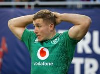 Ireland's Jordan Larmour catches his breath after scoring the last of his three tries in his side's 54-7 rout of Italy on Saturday at Chicago