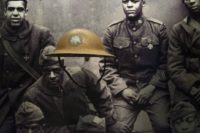 A helmet from the World War I Harlem Hellfighters is on display at the Smithsonian's National Museum of African American History and Culture in Washington, DC