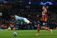 Manchester City's Raheem Sterling was awarded a comical penalty after kicking the ground in a 6-0 thrashing of Shakhtar Donetsk