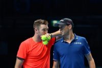 Jack Sock and Mike Bryan (right) beat Pierre-Hugues Herbert and Nicolas Mahut to win the ATP Finals doubles title
