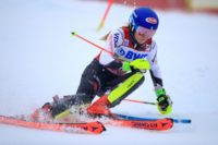 US star Mikaela Shiffrin charges down the course at the World Cup women's slalom race in Killington, Vermont