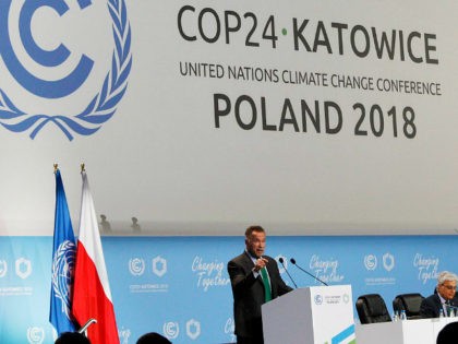 Actor Arnold Schwarzenegger delivers a speech during the opening of COP24 UN Climate Change Conference 2018 in Katowice, Poland, Monday, Dec. 3, 2018.(AP Photo/Czarek Sokolowski)