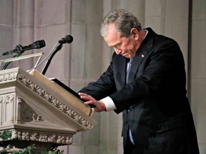 Former President George W. Bush speaks at the State Funeral for his father, former President George H.W. Bush, at the National Cathedral, Wednesday, Dec. 5, 2018, in Washington.