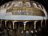 A picture taken on November 30, 2018, shows renovated mosaics and columns inside the Church of the Nativity in the occupied West Bank biblical city of Bethlehem. - The Italian government and the Palestinian Authority have been working in a joint effort to restore the Church of the Nativity since …