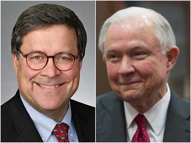 Combo photo of William Barr and Jeff Sessions, both smiling