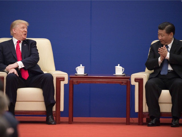 US President Donald Trump (L) and China's President Xi Jinping attend a business leaders event inside the Great Hall of the People in Beijing on November 9, 2017. Donald Trump urged Chinese leader Xi Jinping to work 'hard' and act fast to help resolve the North Korean nuclear crisis, during …