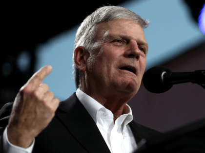 The Rev. Franklin Graham speaks May 29 at the Stanislaus County Fairgrounds in Turlock, California. (Justin Sullivan / Getty Images)