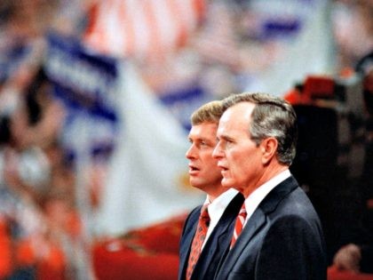 In this Aug. 18, 1988 file photo, Republican presidential candidate George H.W. Bush and h