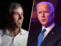 (INSET: Joe Biden) DALLAS, TEXAS - NOVEMBER 03: U.S. Senate candidate Rep. Beto O'Rourke (D-TX) talks with reporters before addressing a Blockwalk Celebration at Good Records after a day of door-to-door canvassing November 3, 2018 in Dallas, Texas. As Election Day approaches, winning swing votes in the suburbs that surround …