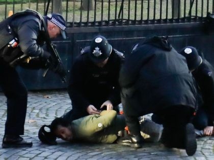 A man is detained by armed police inside the Parliamentary Estate after a security inciden