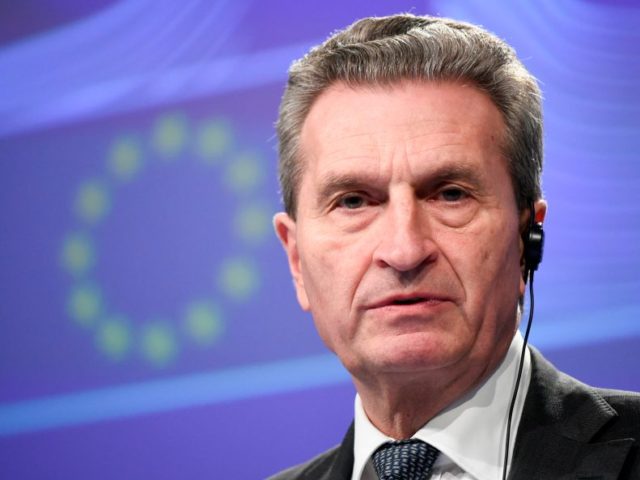 EU Commissioner of Digital Economy & Society Gunther Oettinger gives a joint press with the EU Commission president after a college meeting at the EU headquarters in Brussels on February 21, 2018. / AFP PHOTO / JOHN THYS (Photo credit should read JOHN THYS/AFP/Getty Images)