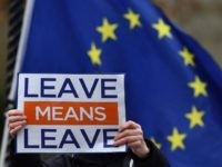 Leave Means Leave A European Union (EU) flag flies beyond an anti-EU, pro-Brexit demonstrator as they hold a placard reading 'Leave Means Leave' during a protest opposite the Houses of Parliament in London on December 6, 2018. - British MPs will hold a crucial vote on December 11 to approve or reject the …
