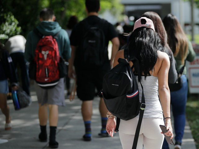 In this Tuesday, Oct. 23, 2018 photo, students walk on the campus of Miami Dade College, in Miami. (AP Photo/Lynne Sladky)