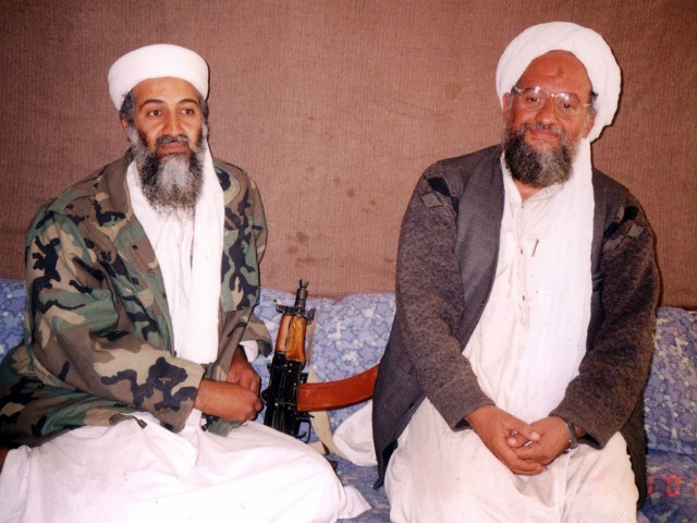 397285 02: UNDATED PHOTO Osama bin Laden (L) sits with his adviser Ayman al-Zawahiri, an Egyptian linked to the al Qaeda network, during an interview with Pakistani journalist Hamid Mir (not pictured) at an undisclosed location in Afghanistan. In the article, which was published November 10, 2001 in Karachi, bin Laden said he had nuclear and chemical weapons and might use them in response to U.S. attacks. (Photo by Visual News/Getty Images)