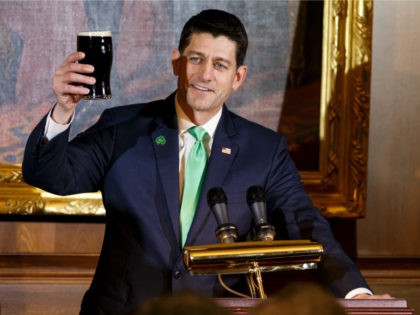 United States Speaker of the House of Representatives Paul Ryan, Republican of Wisconsin, holds up a pint of Guinness as he proposes a toast during the Friends of Ireland luncheon at the United States Capitol March 15, 2018 in Washington, DC. . The Taoiseach is visiting as part of the …