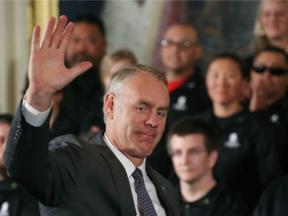 U.S. Secretary of the Interior Ryan Zinke is introduced during an event recognizing the Wounded Warrior Project Soldier Ride in the East Room of the White House on April 26, 2018 in Washington, DC. Participants in the event have been welcomed at the White House annually since 2008. (Photo by …