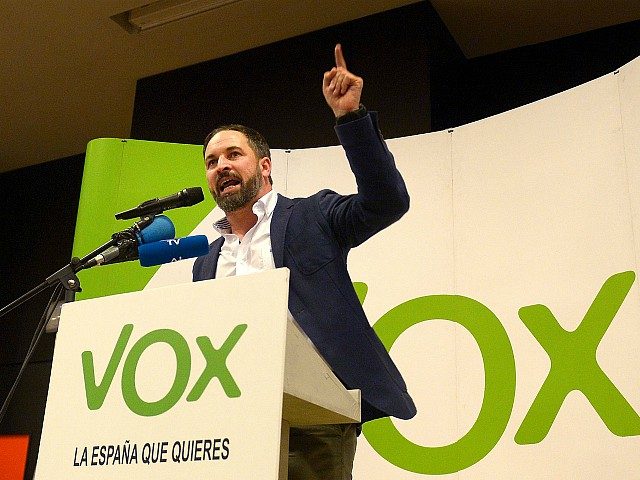 Santiago Abascal, leader of Spain's far-right party VOX, gives a speech during a campaign