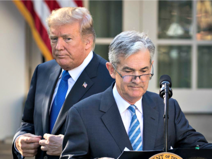 President Donald Trump looks on Jerome Powell, then his nominee for Federal Reserve chairman, takes to the podium during a press event in the Rose Garden on Nov. 2, 2017.