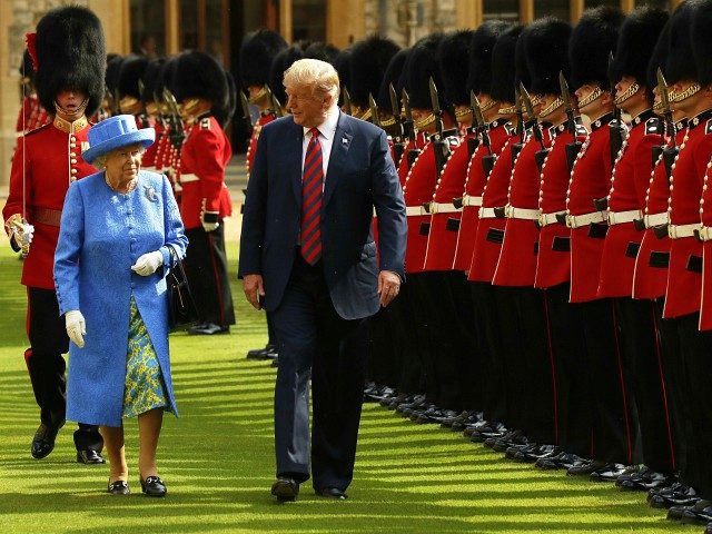 WINDSOR, ENGLAND - JULY 13: U.S. President Donald Trump and Britain's Queen Elizabeth II inspect a Guard of Honour, formed of the Coldstream Guards at Windsor Castle on July 13, 2018 in Windsor, England. Her Majesty welcomed the President and Mrs Trump at the dais in the Quadrangle of the …