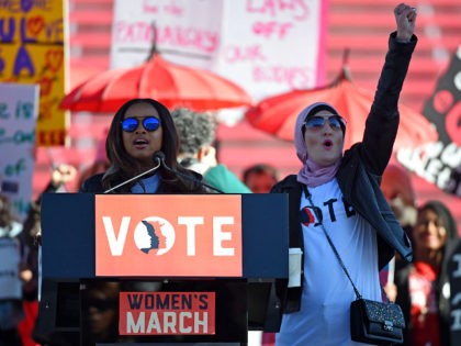 LAS VEGAS, NV - JANUARY 21: Women's March Co-Chairwomen Tamika D. Mallory (L) and Linda Sarsour speak during the Women's March 'Power to the Polls' voter registration tour launch at Sam Boyd Stadium on January 21, 2018 in Las Vegas, Nevada. Demonstrators across the nation gathered over the weekend, one …