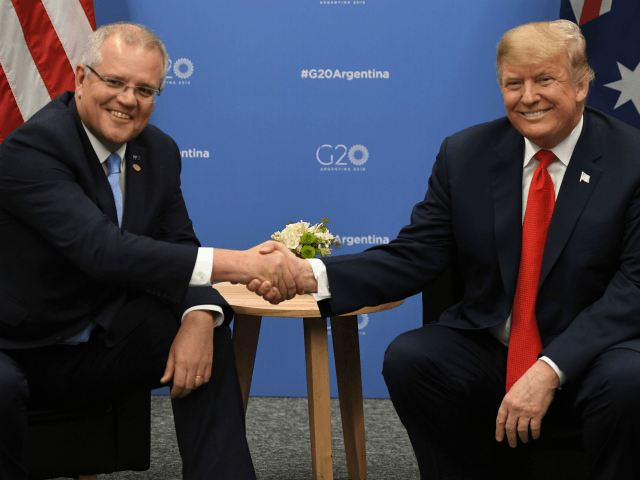 US President Donald Trump and Australia's Prime Minister Scott Morrison shake hands during a meeting in the sidelines of the G20 Leaders' Summit in Buenos Aires, on November 30, 2018. - Global leaders gather in the Argentine capital for a two-day G20 summit beginning on Friday likely to be dominated by simmering international tensions over trade. (Photo by SAUL LOEB / AFP) (Photo credit should read SAUL LOEB/AFP/Getty Images)