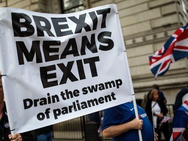 LONDON, ENGLAND - SEPTEMBER 05: Protesters demonstrate against Prime Minister Theresa May's Chequers plan for Brexit outside the gates of Downing Street on September 5, 2018 in London, England. The former Governor of the Bank of England Lord King has criticised the Government's handling of Brexit negotiations, labelling the preparations …