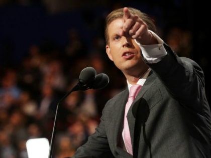 Eric Trump delivers a speech on the third day of the Republican National Convention on July 20, 2016 at the Quicken Loans Arena in Cleveland, Ohio. Republican presidential candidate Donald Trump received the number of votes needed to secure the party's nomination. An estimated 50,000 people are expected in Cleveland, …