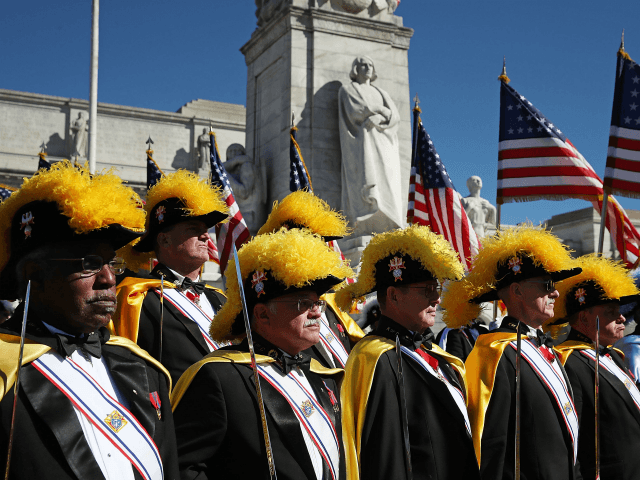 Members of the Knights of Columbus participate in a Columbus Day ceremony at the National Columbus Memorial in front of Union Station, October 10, 2016 in Washington, DC. Columbus Day celebrates Christopher Columbus' arrival in the Americas on October 12, 1492. (Photo by Mark Wilson/Getty Images)