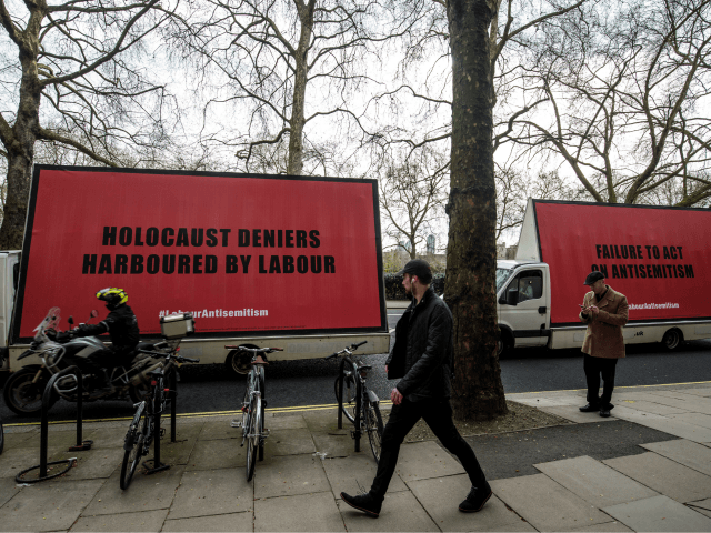 LONDON, ENGLAND - APRIL 17: A convoy of billboard vans with messages against anti-semitism in the Labour Party are driven around Westminster on February 21, 2018 in London, England. (Photo by Jack Taylor/Getty Images)