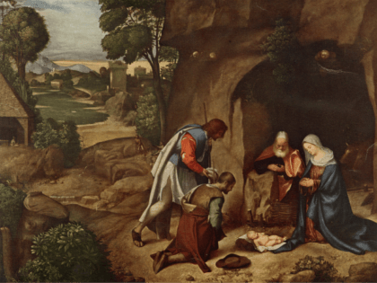 Circa 4 BC, The shepherds kneeling before the newly born Jesus Christ and Mary and Joseph in the stable at Bethlehem. Original Artwork: 'The Adoration of the Shepherds' by Giorgione (Photo by Hulton Archive/Getty Images)