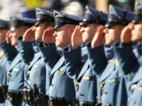 EAST RUTHERFORD, NJ - JANUARY 01: Members of the NJ State Police line up prior to the start of the NFL game between the New York Jets and the Buffalo Bills at MetLife Stadium on January 1, 2017 in East Rutherford, New Jersey. (Photo by Ed Mulholland/Getty Images)