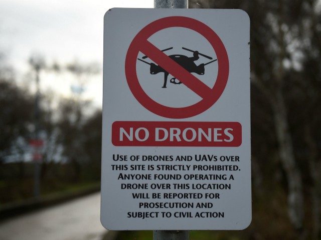 A 'No Drones' sign alerting members of the public that the use of drones or unmanned aeria