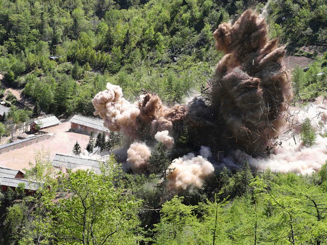 PUNGGYE-RI, NORTH KOREA - MAY 24: (SOUTH KOREA OUT) In this handout image provided by the News1-Dong-A Ilbo, the Punggye-ri nuclear test site is demolished on May 24, 2018 in Punggye-ri, North Korea. North Korea dismantled their nuclear testing facility at Punggye-ri in front of the international media. (Photo by …