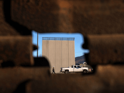 Picture of a prototype of US President Donald Trump's US-Mexico border wall being built ne