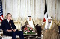 Emir of Kuwait Sheikh Jaber al-Ahmed Al-Sabah (R) receives former US president George H.W. Bush during a visit in December 1998