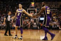 Lonzo Ball (L) and LeBron James became the first Lakers players since Kareem Abdul-Jabbar and Magic Johnson in 1982 to post triple-doubles in the same game in a victory over the Charlotte Hornets