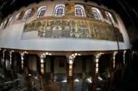 Renovated mosaics and columns inside the Church of the Nativity in the occupied West Bank biblical city of Bethlehem