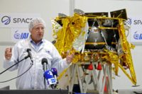 The general manager of the Israel Aerospace Industries Opher Doron speaks to the media during a presentation of the space probe due to travel to the moon in early 2019 on December 17, 2018