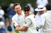 New Zealand's Trent Boult (left) is congratulated by teammate Neil Wagner during his six-wicket burst